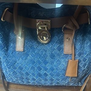 Michael Kors Denim Woven Satchel with Brown Leather Trim and Gold Hardware